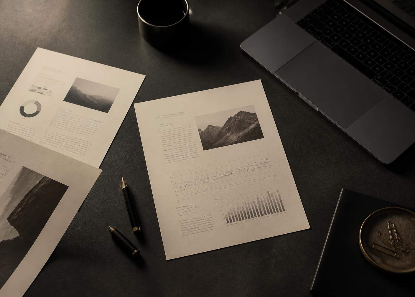 Printed strategy documents and a pen on a dark desk