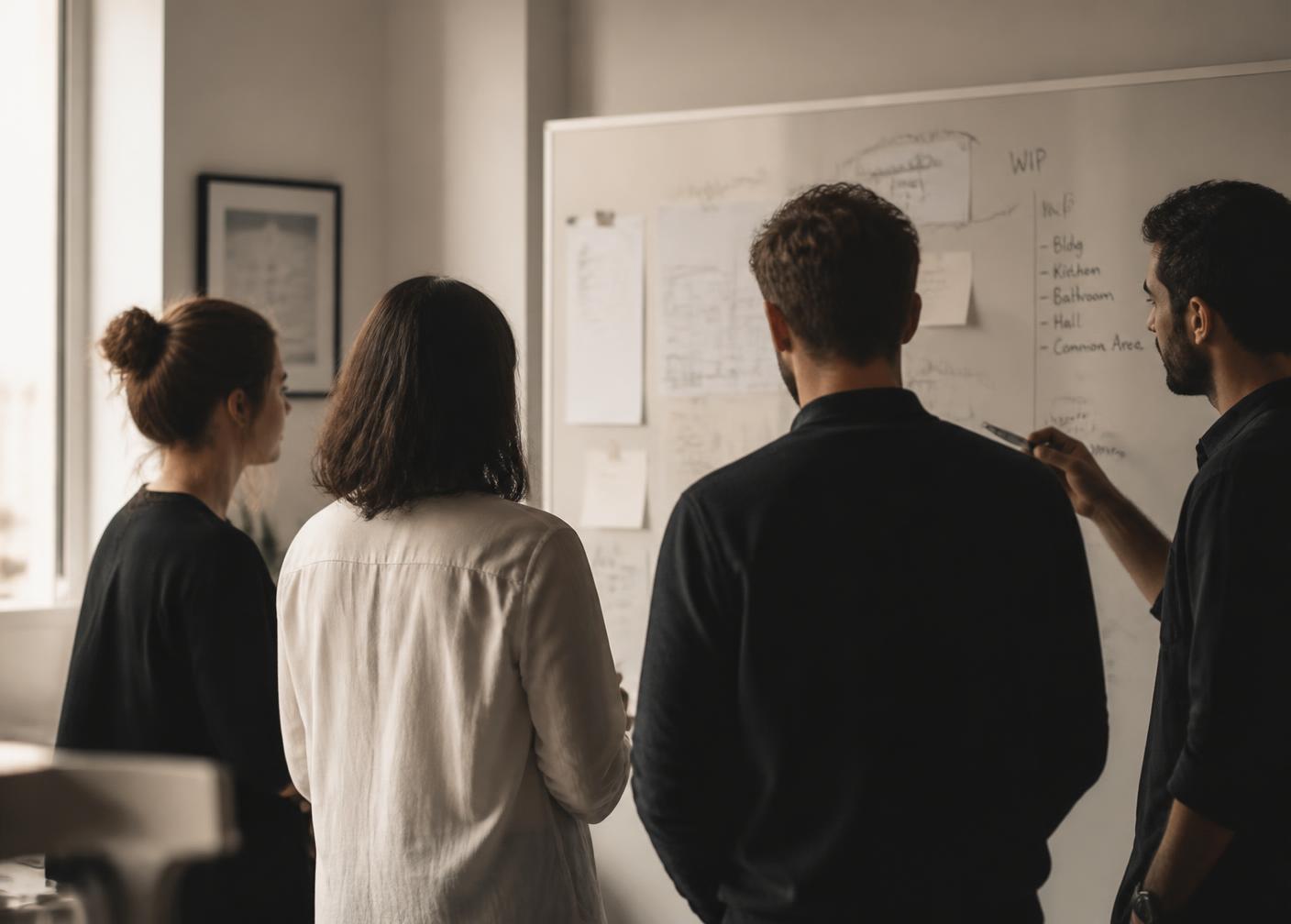 A small team planning together at a whiteboard